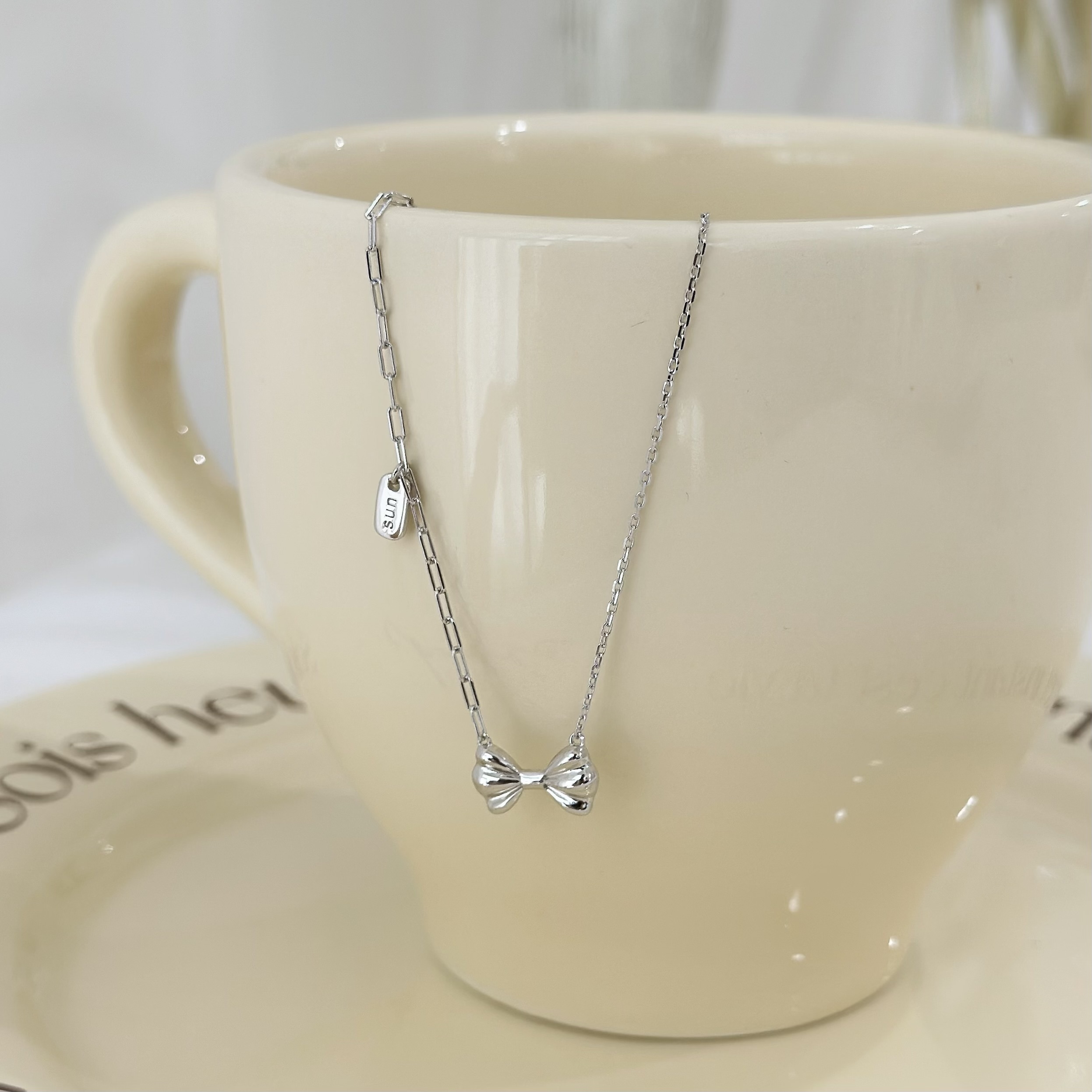 M64【輕奢】鏈條壓紋蝴蝶結純銀鎖骨鏈