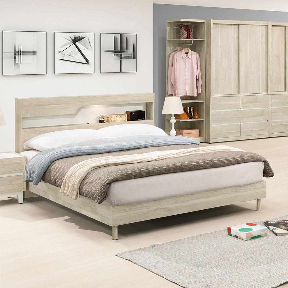 羅菲5尺雙人床組/床架(附夜燈加厚型床頭片+床架式床底-六分木心板床板-不含床墊)