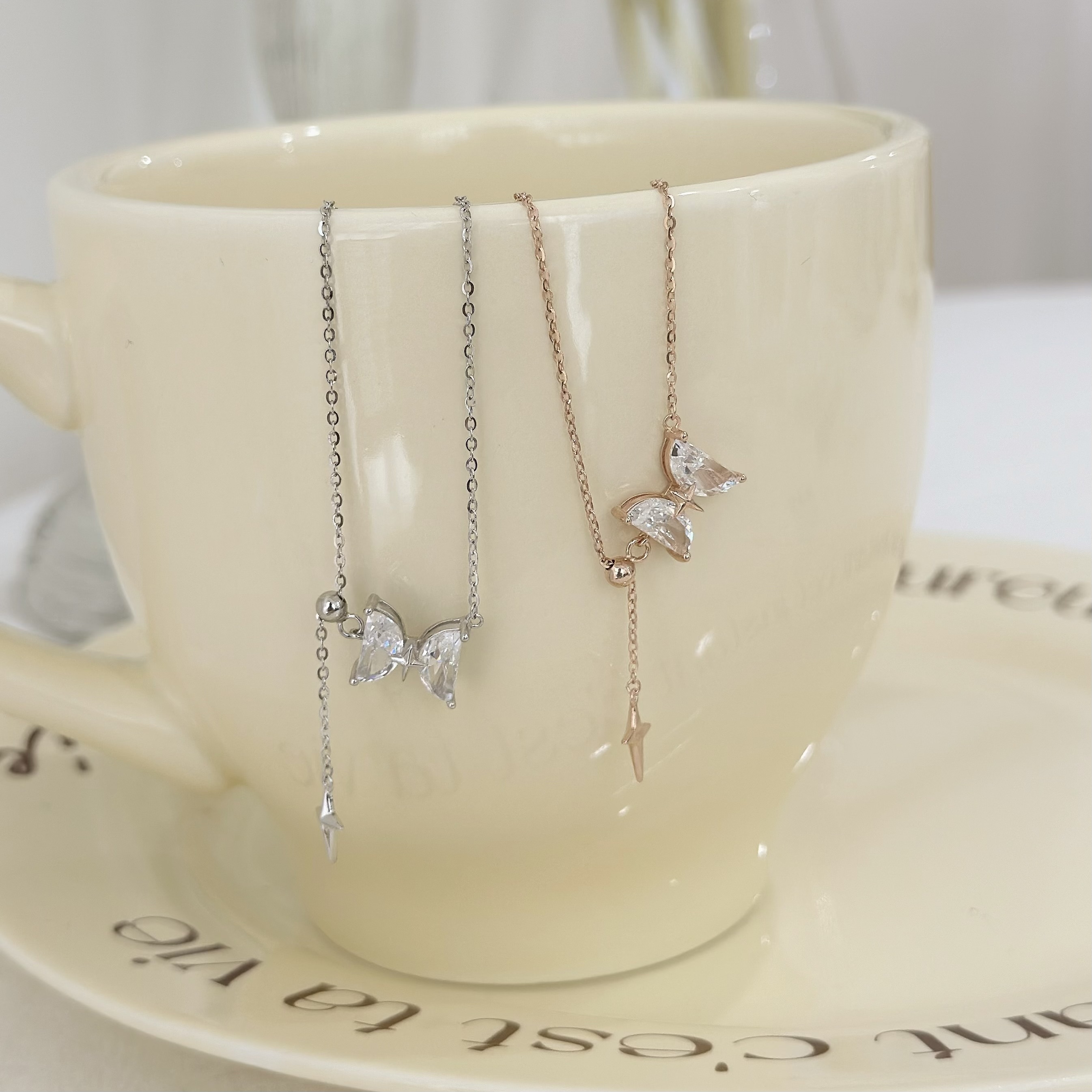 M34【輕奢】鋯石蝴蝶結純銀y字鏈