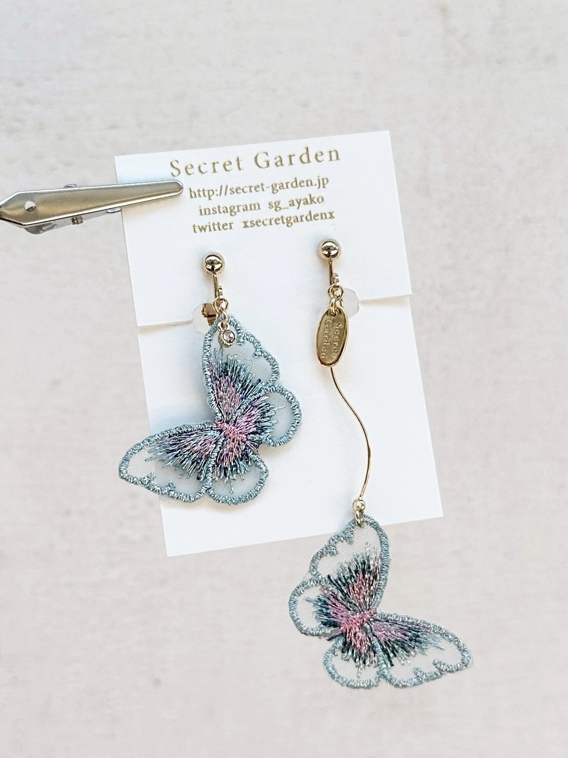 [secretgarden] 刺繡蝴蝶耳環 | 藍色 | 耳夾 | NO.57