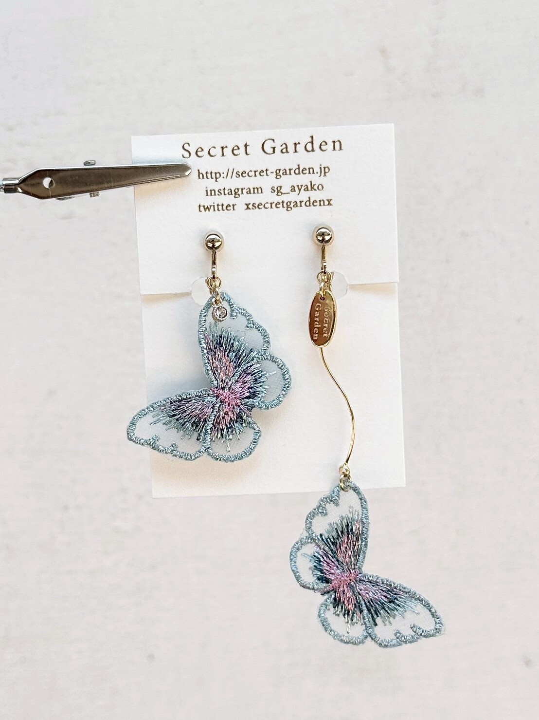 [secretgarden] 刺繡蝴蝶耳環 | 藍色 | 耳夾 | NO.57