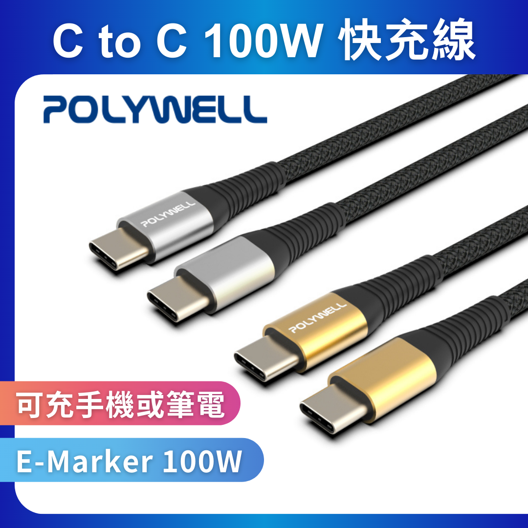 台灣現貨 POLYWELL USB Type-C 100W 公對公快充線 充電線 編織線 可充筆電 安卓 平板