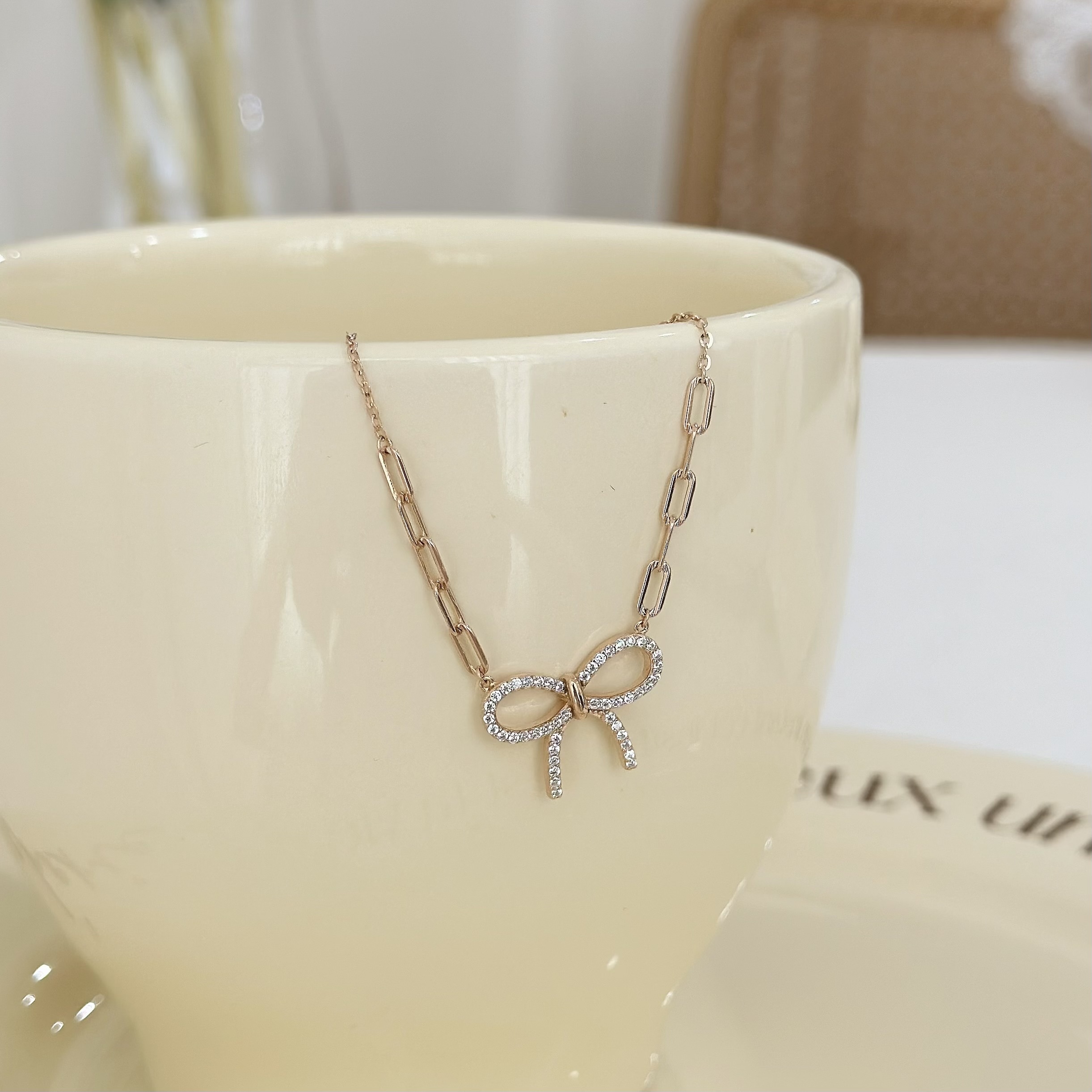 M04【輕奢】排鑽蝴蝶結鏈條純銀鎖骨鏈