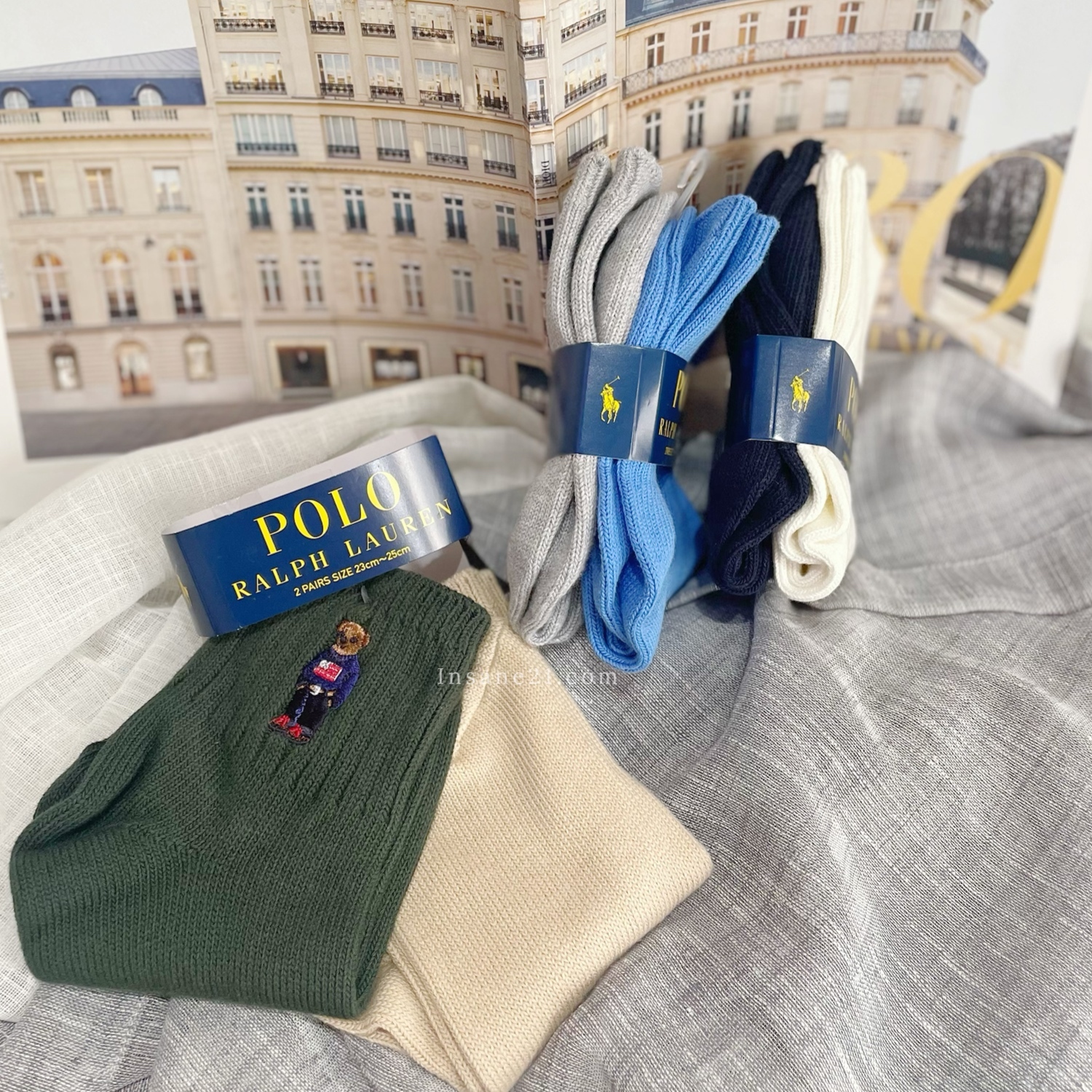 POLO Socks 兩雙一組 中筒襪 針織 藍灰//奶茶綠