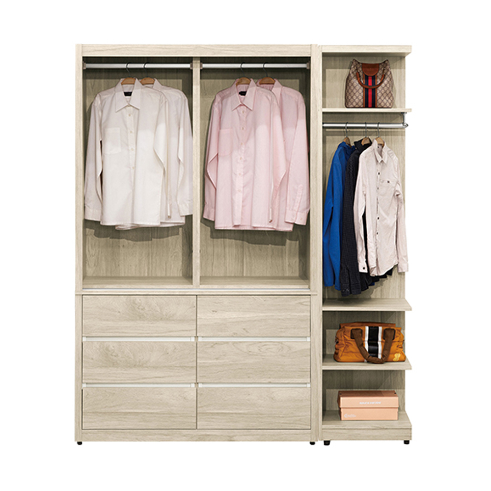 羅菲5.5尺收納衣櫃組合(六抽推門衣櫃+開放式轉角衣櫃)