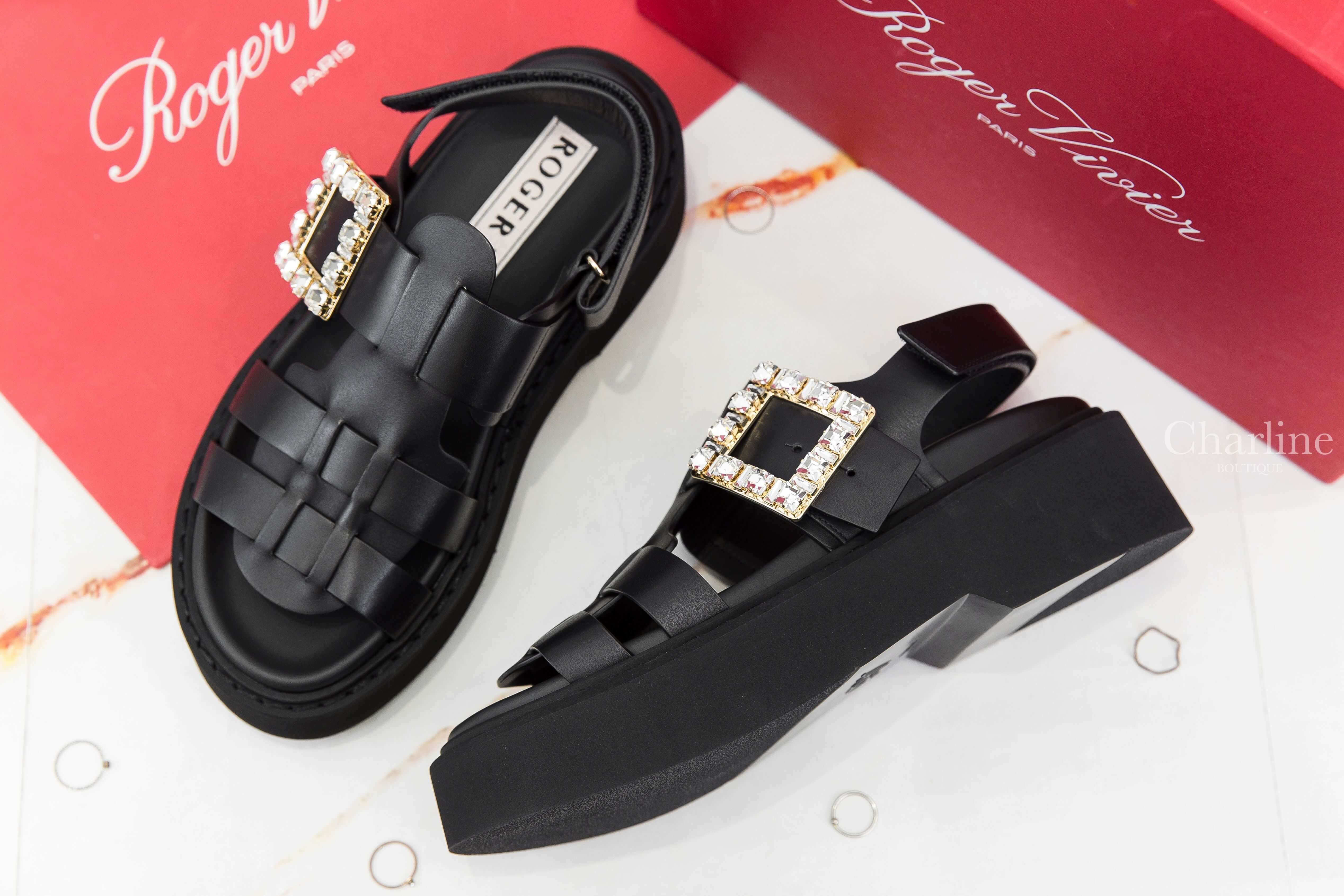 Roger Vivier Viv' Rangers Sandals In Leather 黑色淡金色水晶方釦小牛皮厚底涼鞋-Charline Boutique 精品代購