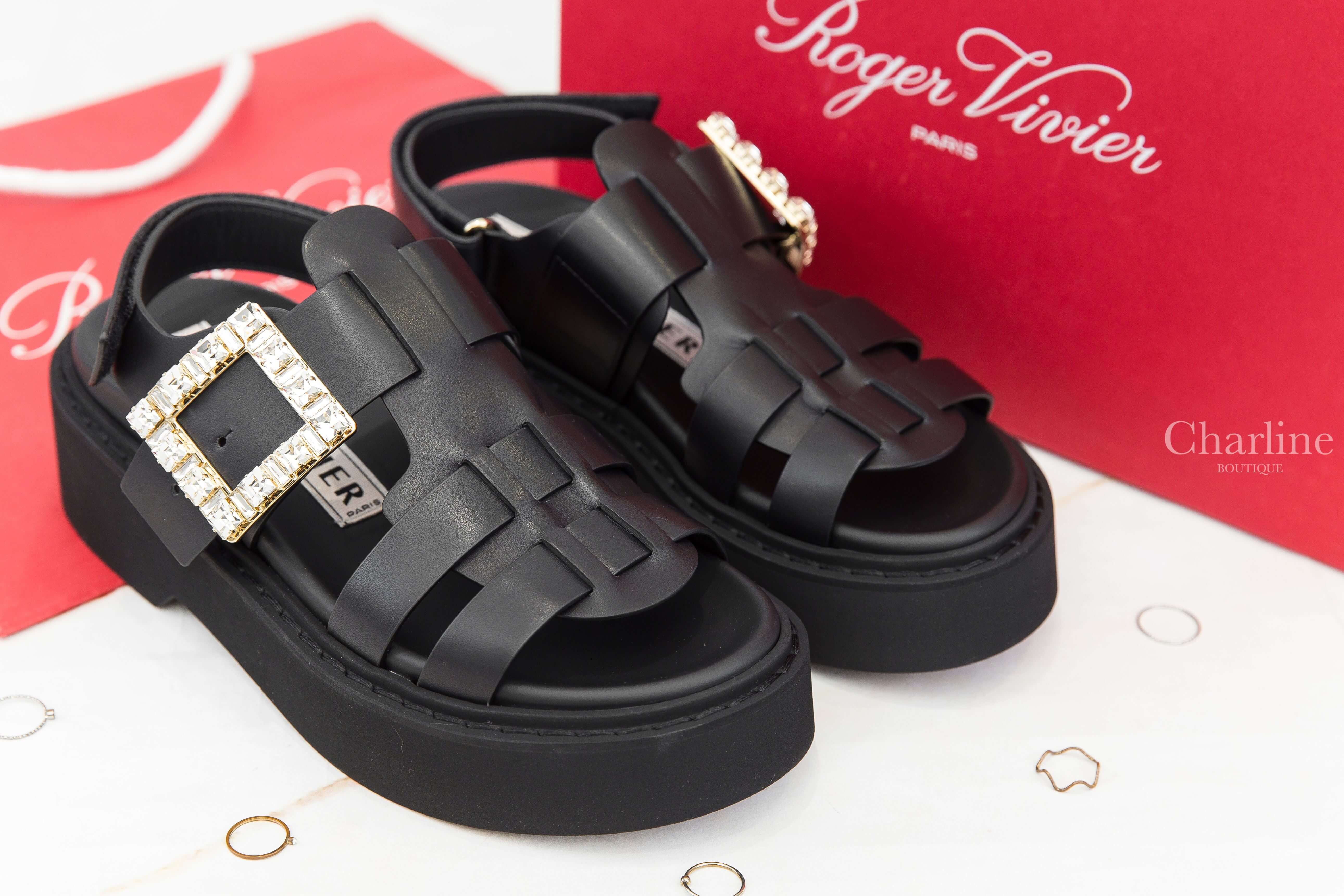 Roger Vivier Viv' Rangers Sandals In Leather 黑色淡金色水晶方釦小牛皮厚底涼鞋