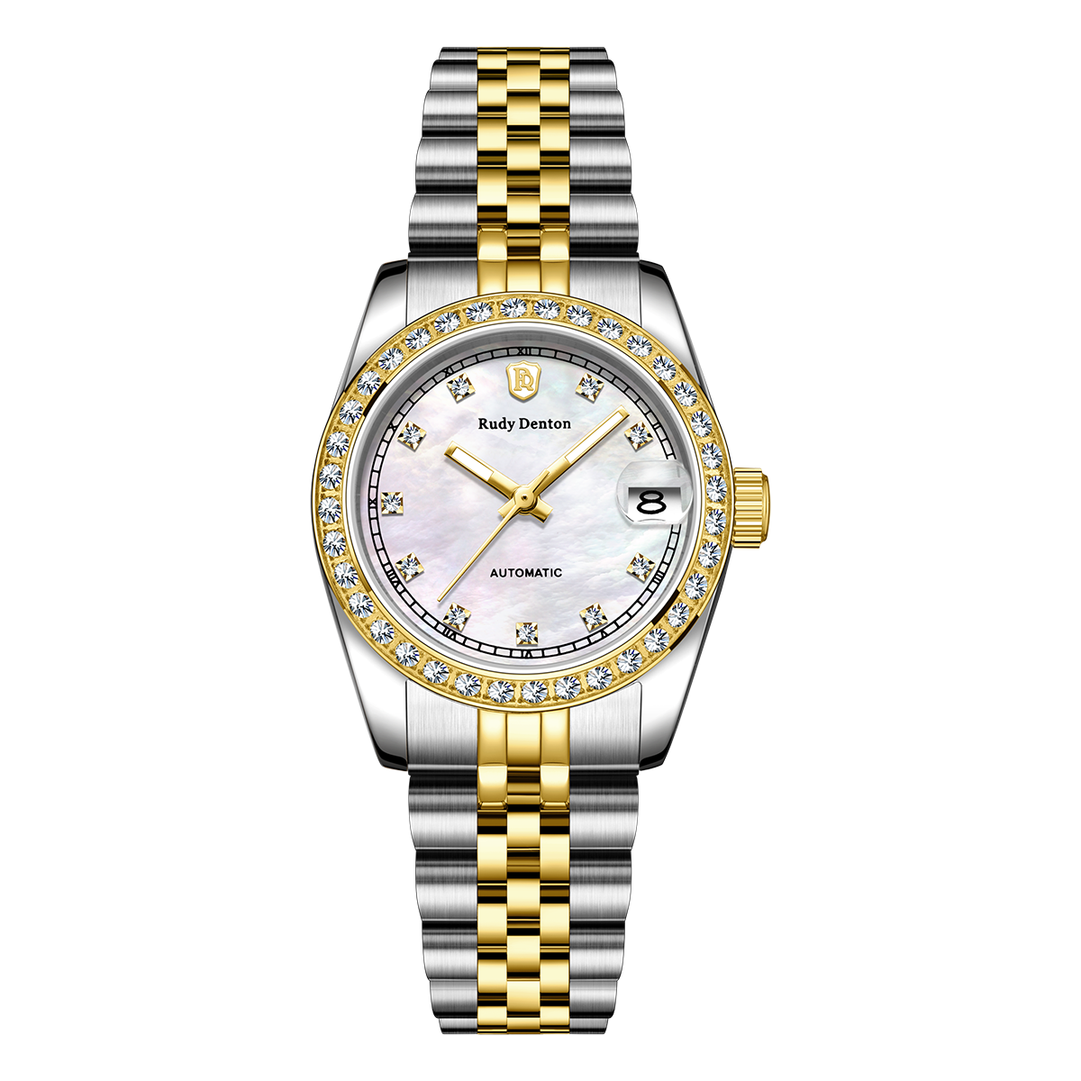 【Rudy Denton 勞迪丹頓】RDT-006 間金 真鑽時標錶圈 珍珠貝母錶盤 帶日期 夜光 不鏽鋼 機械 女錶