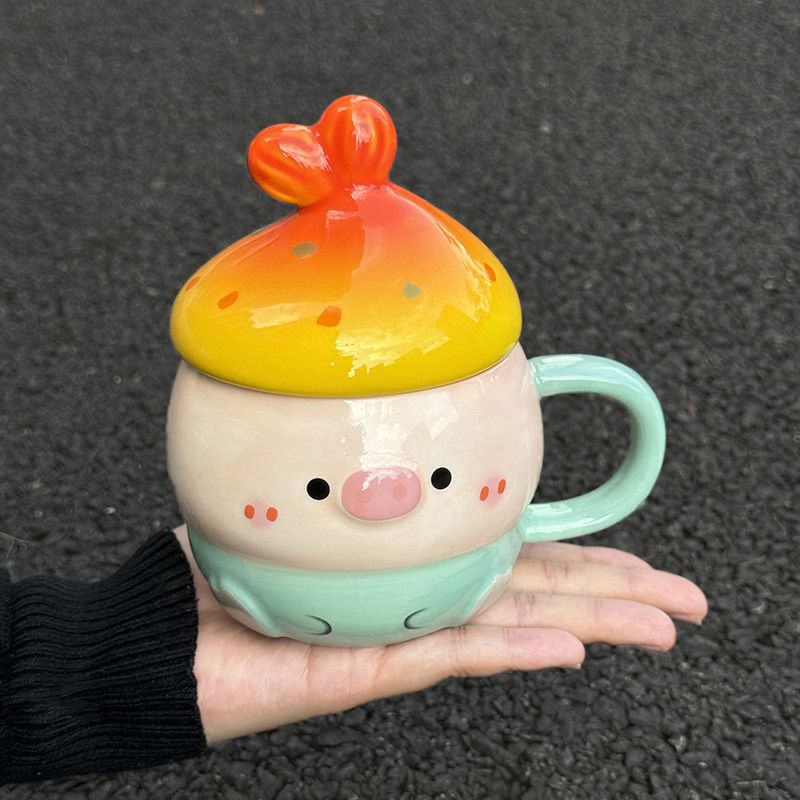 Cute Chubby Pig Ceramic Mug with Lid & Spoon