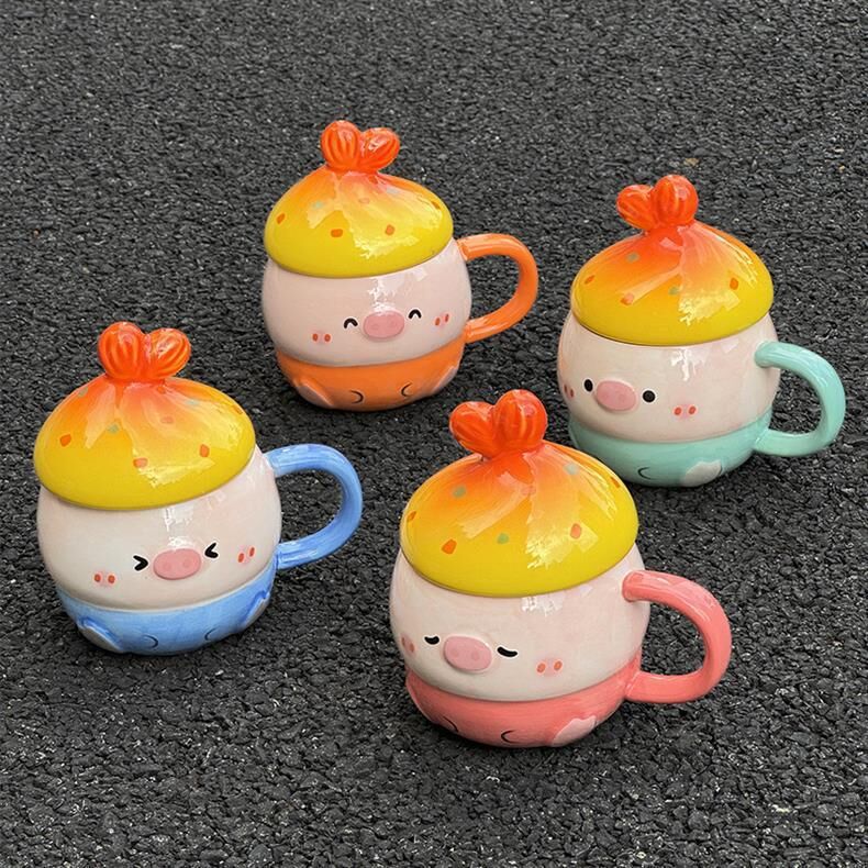 Cute Chubby Pig Ceramic Mug with Lid & Spoon