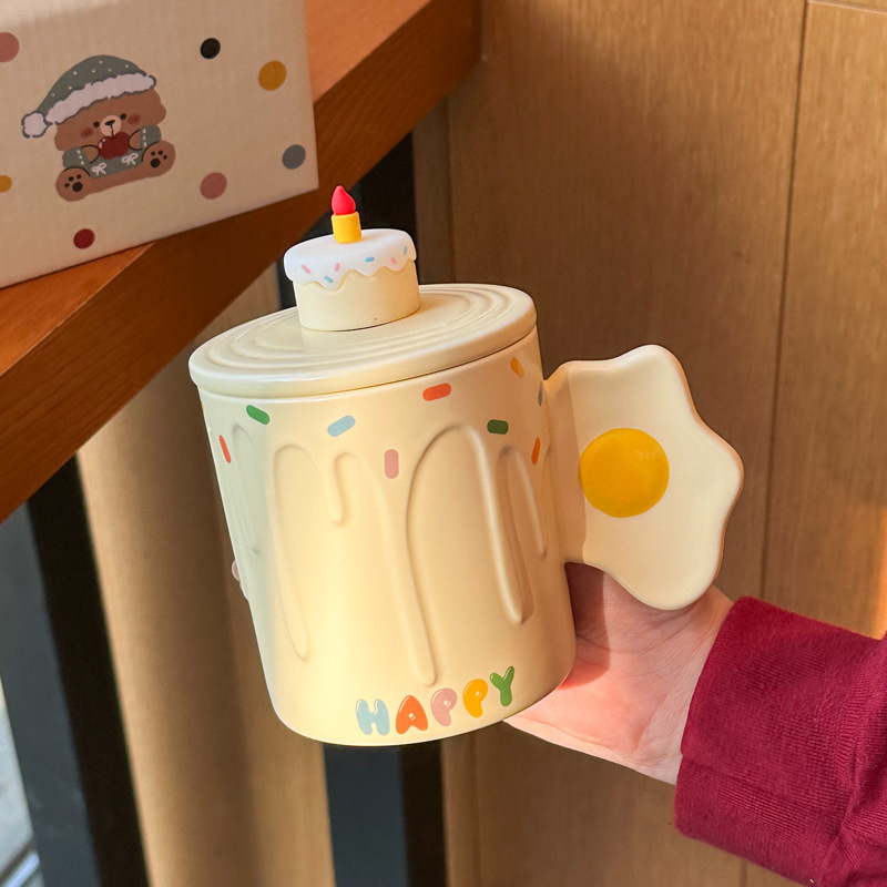 Milky Cute Fried Egg Ceramic Mug with Lid & Spoon