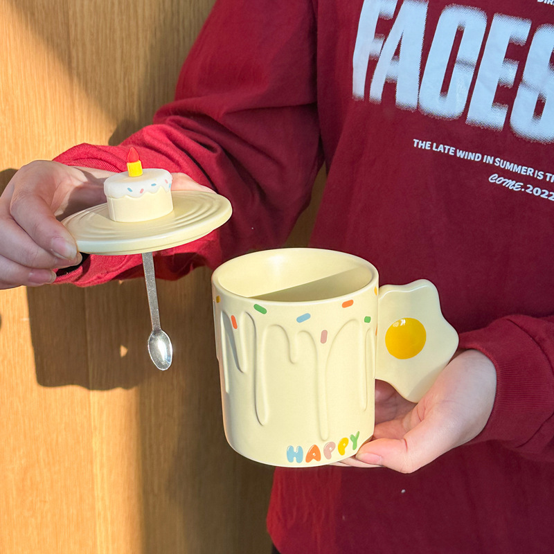 Milky Cute Fried Egg Ceramic Mug with Lid & Spoon