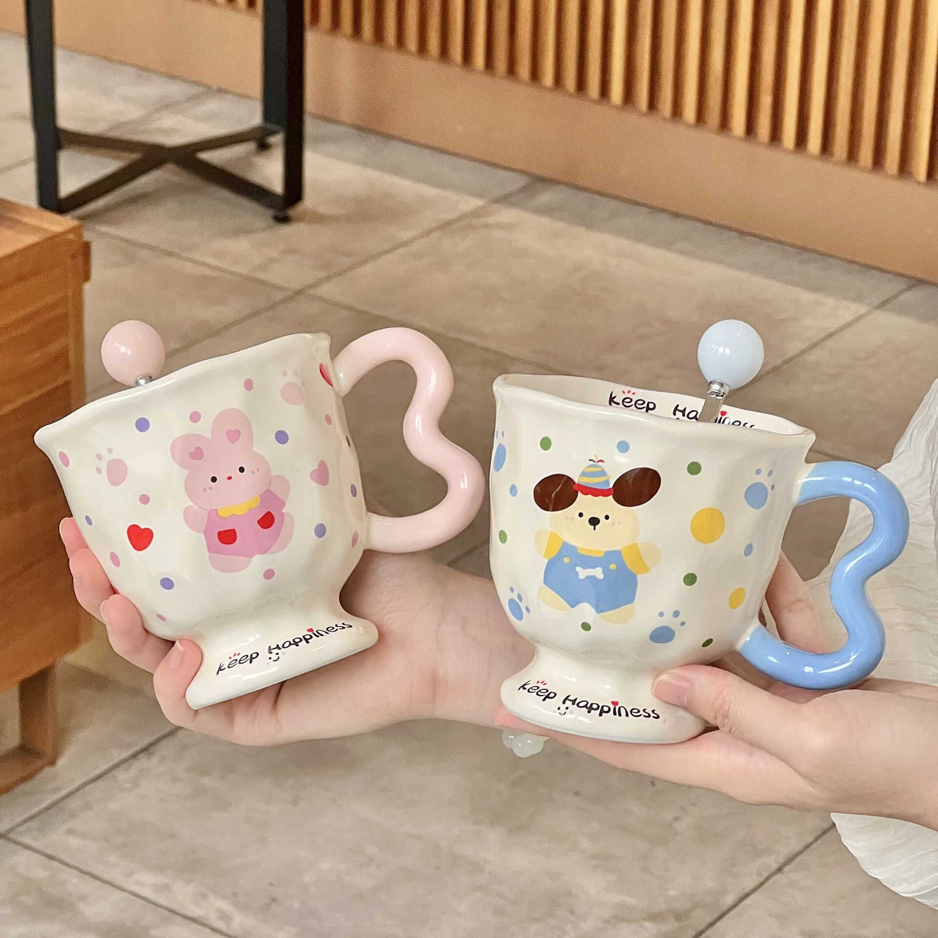 Cute Polka Dot Animal Ceramic Mug with Lid & Spoon