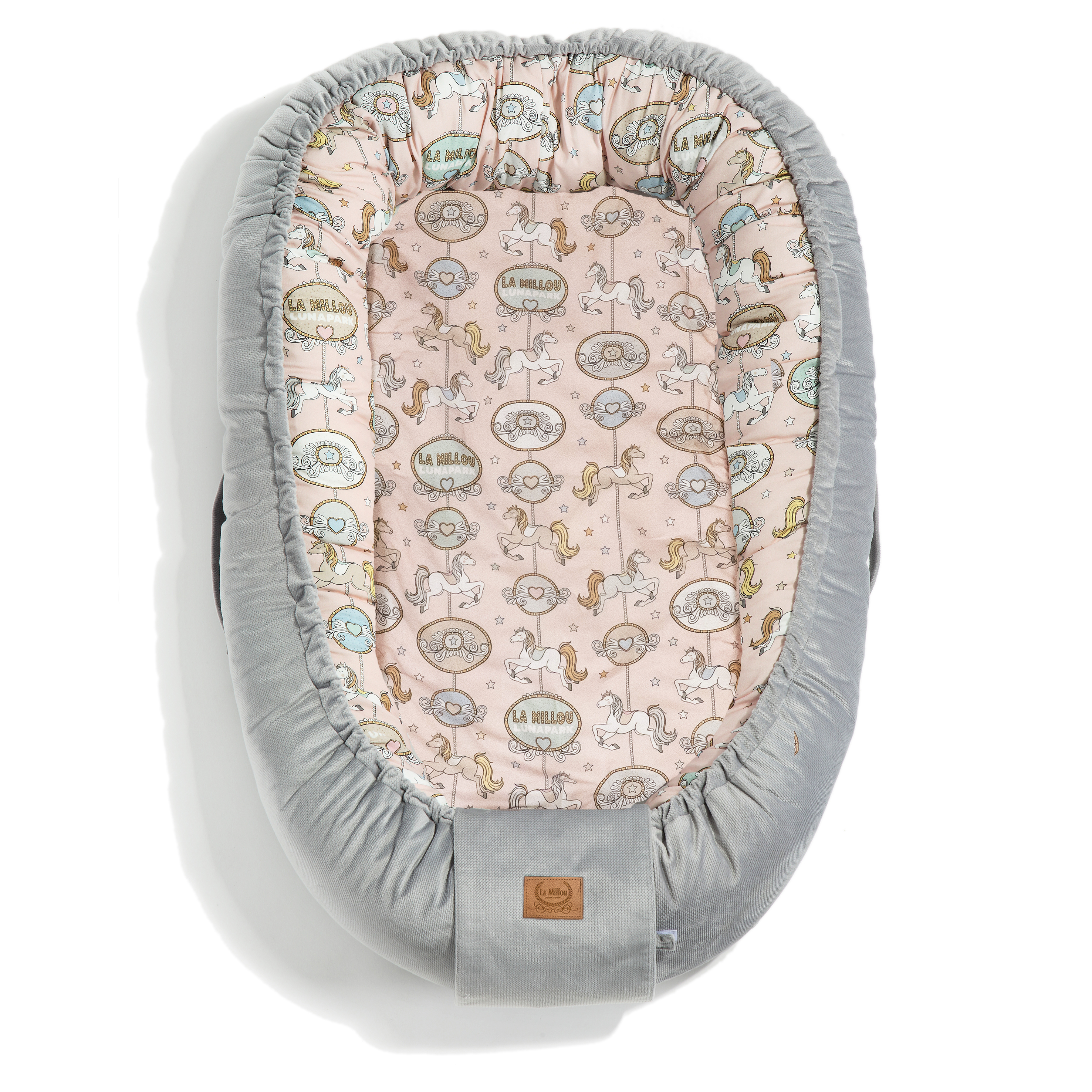 La Millou波蘭 Velvet 頂級棉柔嬰兒睡窩(鋪棉版)｜旋轉小木馬(粉底)｜舒柔深灰