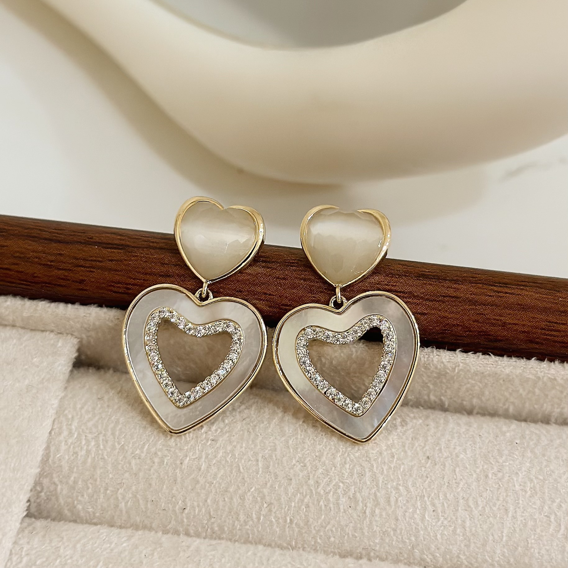 B369貓眼貝殼排鑽雙愛心垂吊