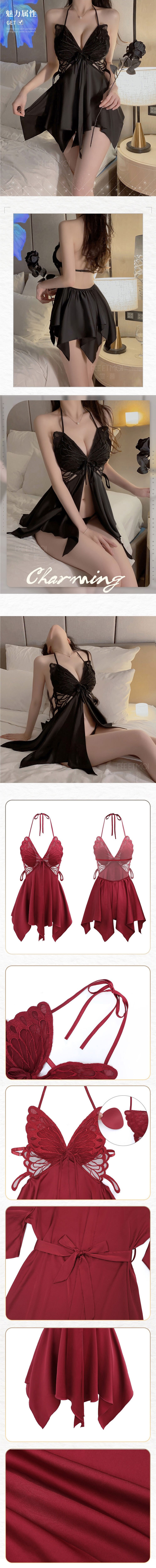 L6573 吊帶蝴蝶刺繡性感睡衣 黑