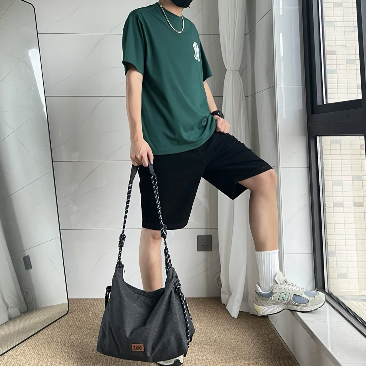 Lee 大容量 編繩斜背包 百搭 大學生 通勤 耐磨防水 黑色 米色 牛仔材質