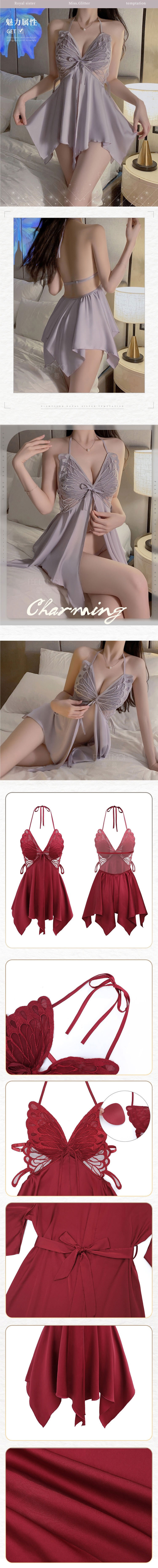 L6573-3 吊帶蝴蝶刺繡性感睡衣 香芋紫