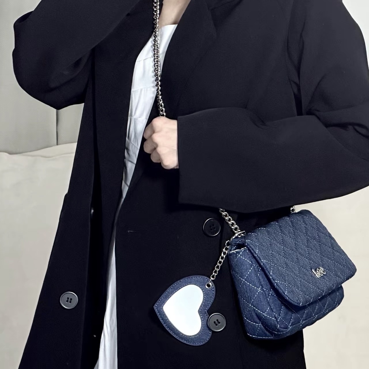 Lee 菱格紋小香風 鍊條單寧小包 肩背包 愛心鏡子