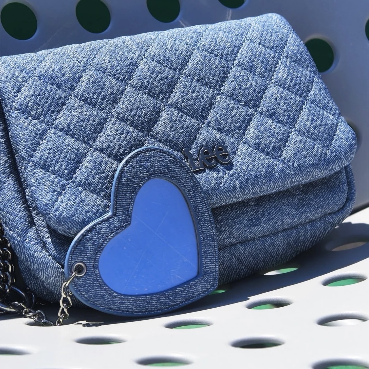 Lee 菱格紋小香風 鍊條單寧小包 肩背包 愛心鏡子