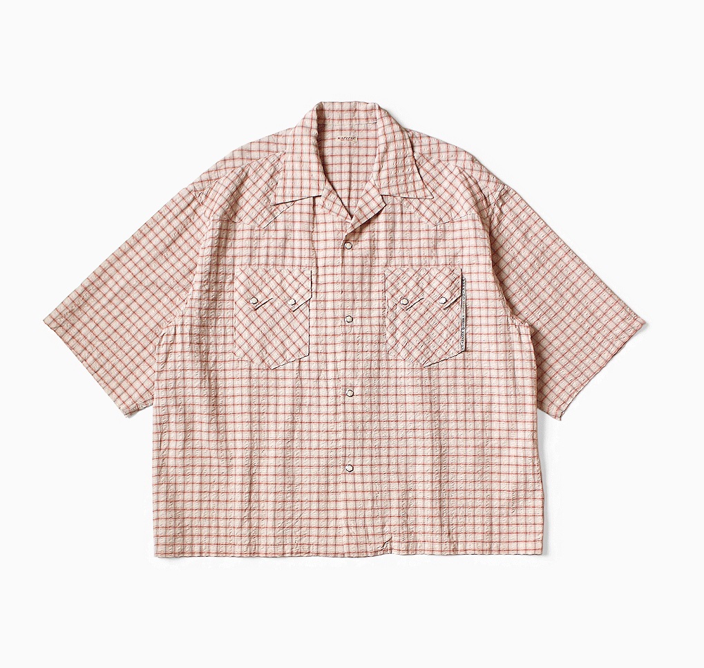 LAST PCS: KAPITAL COTTON LINEN CHECK OPEN COLLAR SHIRT S/S - RED SIZE 3 PRE ORDER ITEM (預訂中)