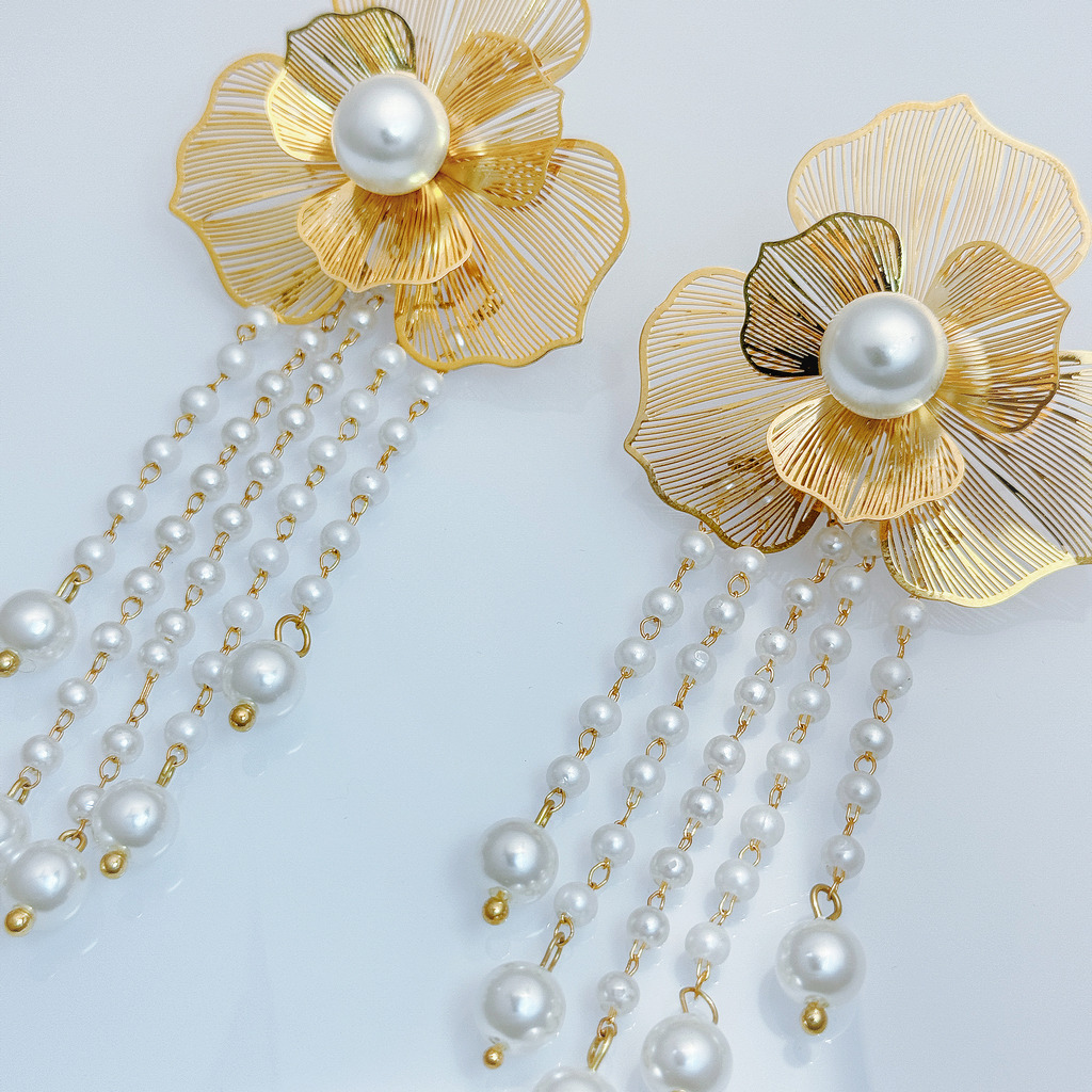 金絲花海珍珠耳環