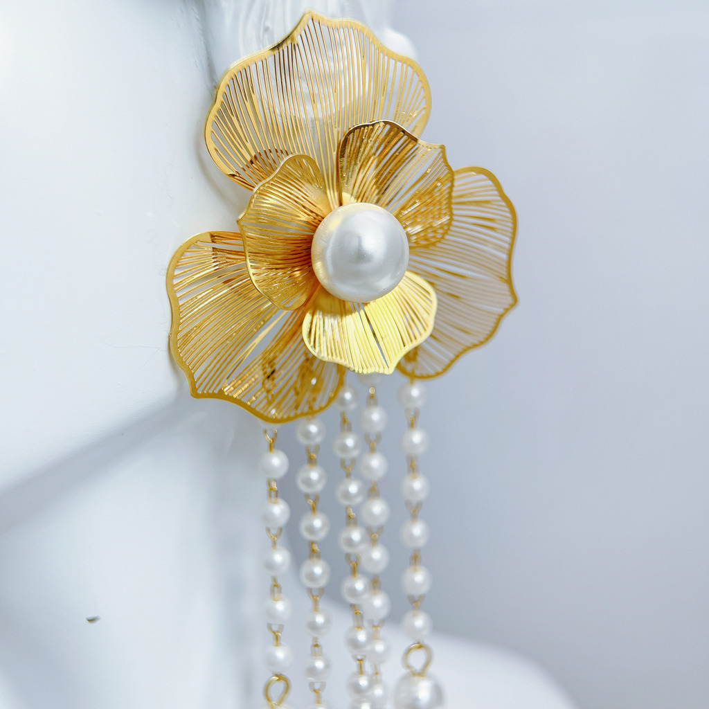 金絲花海珍珠耳環