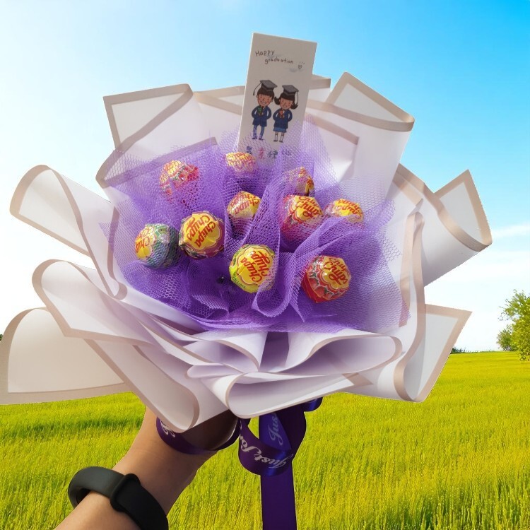 10朵紫色加倍佳棒棒糖花束Chupa Chups-lollipop-mini-bouquet,零食花束,糖果花束,生日糖果花束,畢業花束