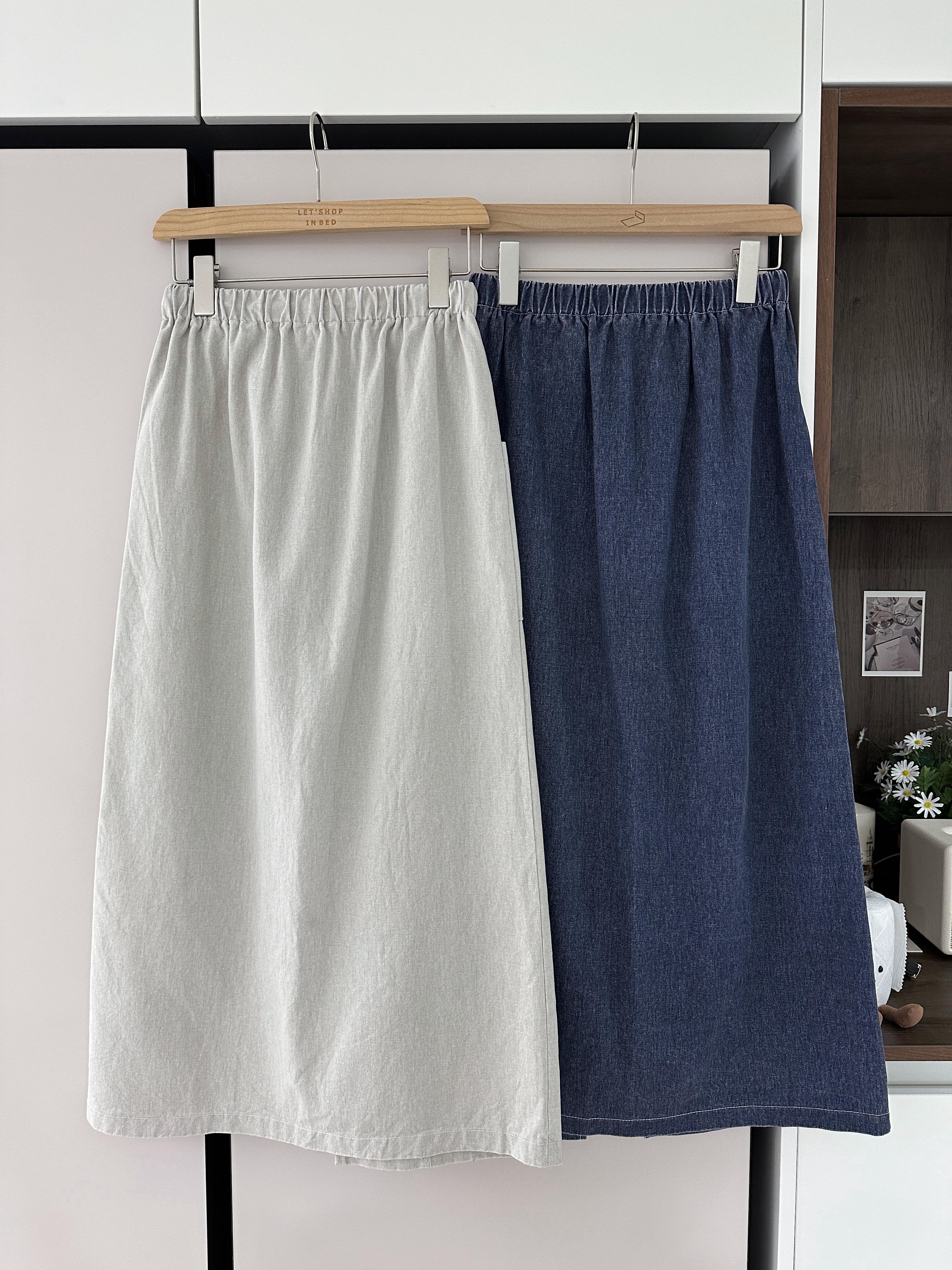 KR214 前開叉全橡筋腰半截長裙-2色