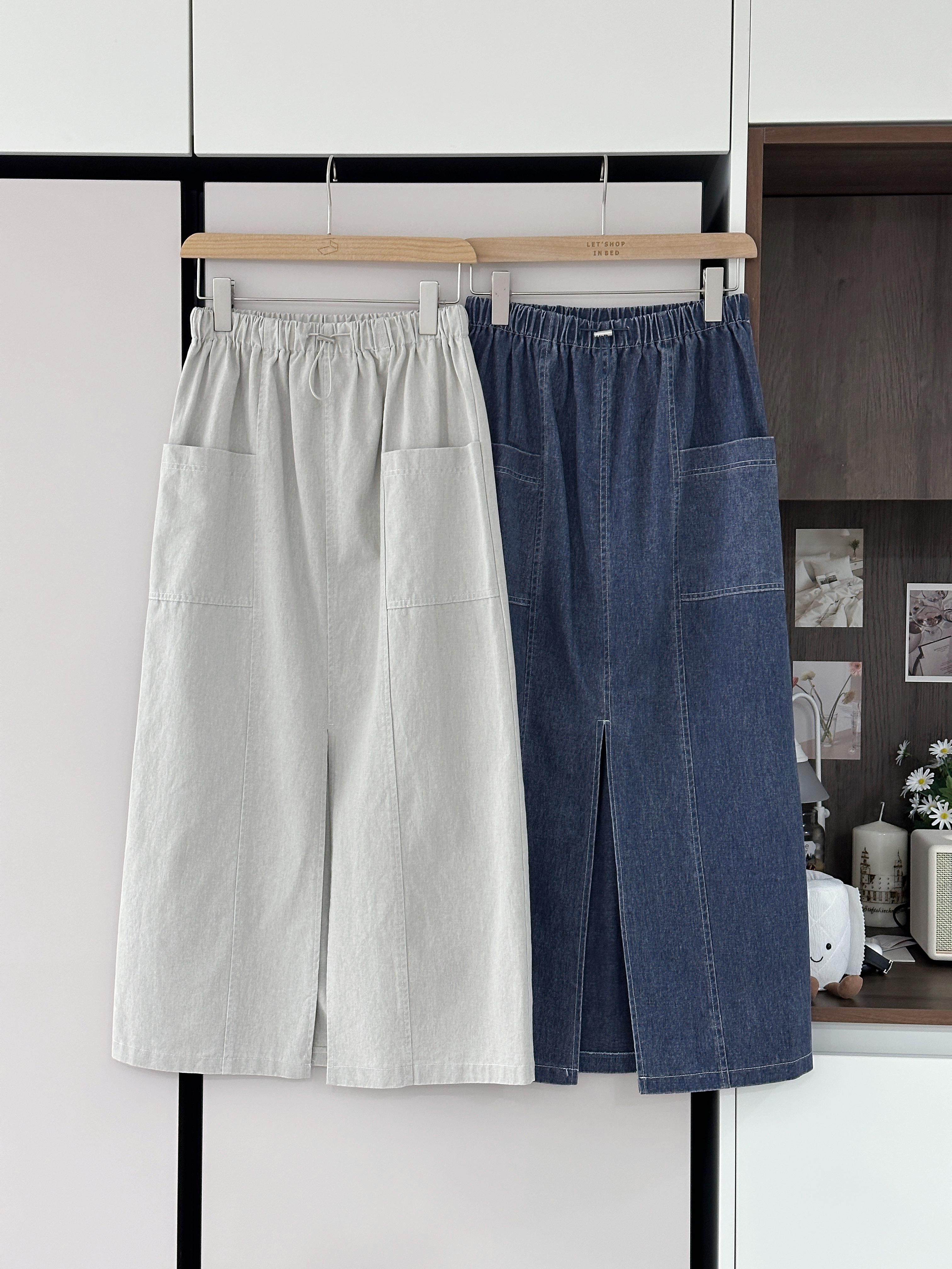 KR214 前開叉全橡筋腰半截長裙-2色