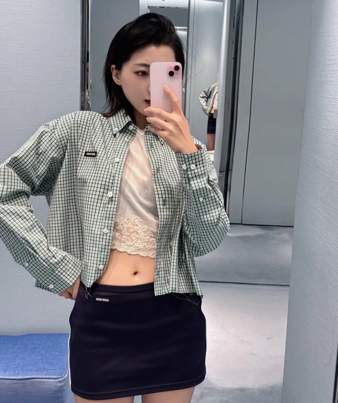 Miu Miu 淡綠色格仔 長袖襯衫