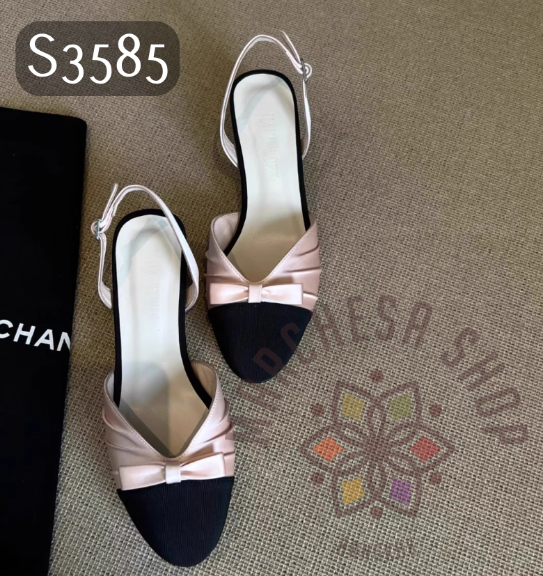 S3585 - 頭層羊皮絲綢蝴蝶結圓頭高踭涼鞋