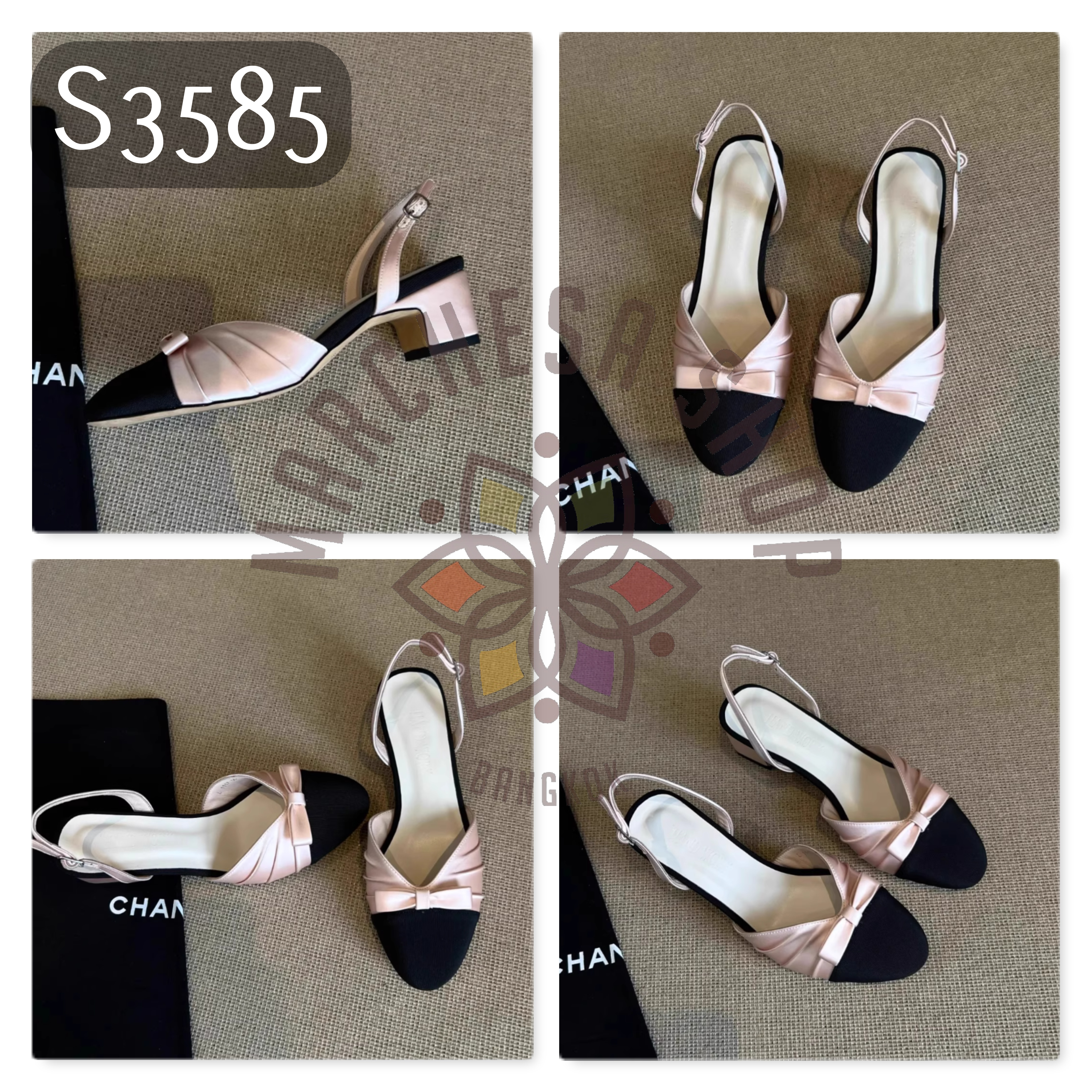 S3585 - 頭層羊皮絲綢蝴蝶結圓頭高踭涼鞋