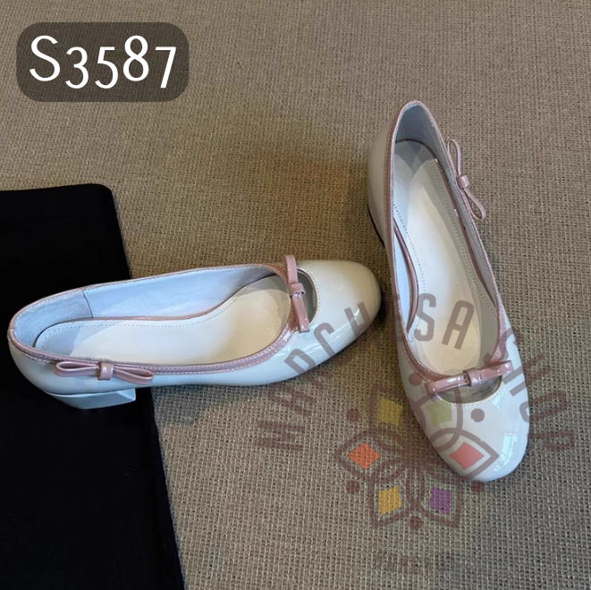 S3587 - 頭層羊漆皮拼色蝴蝶結圓頭高踭鞋