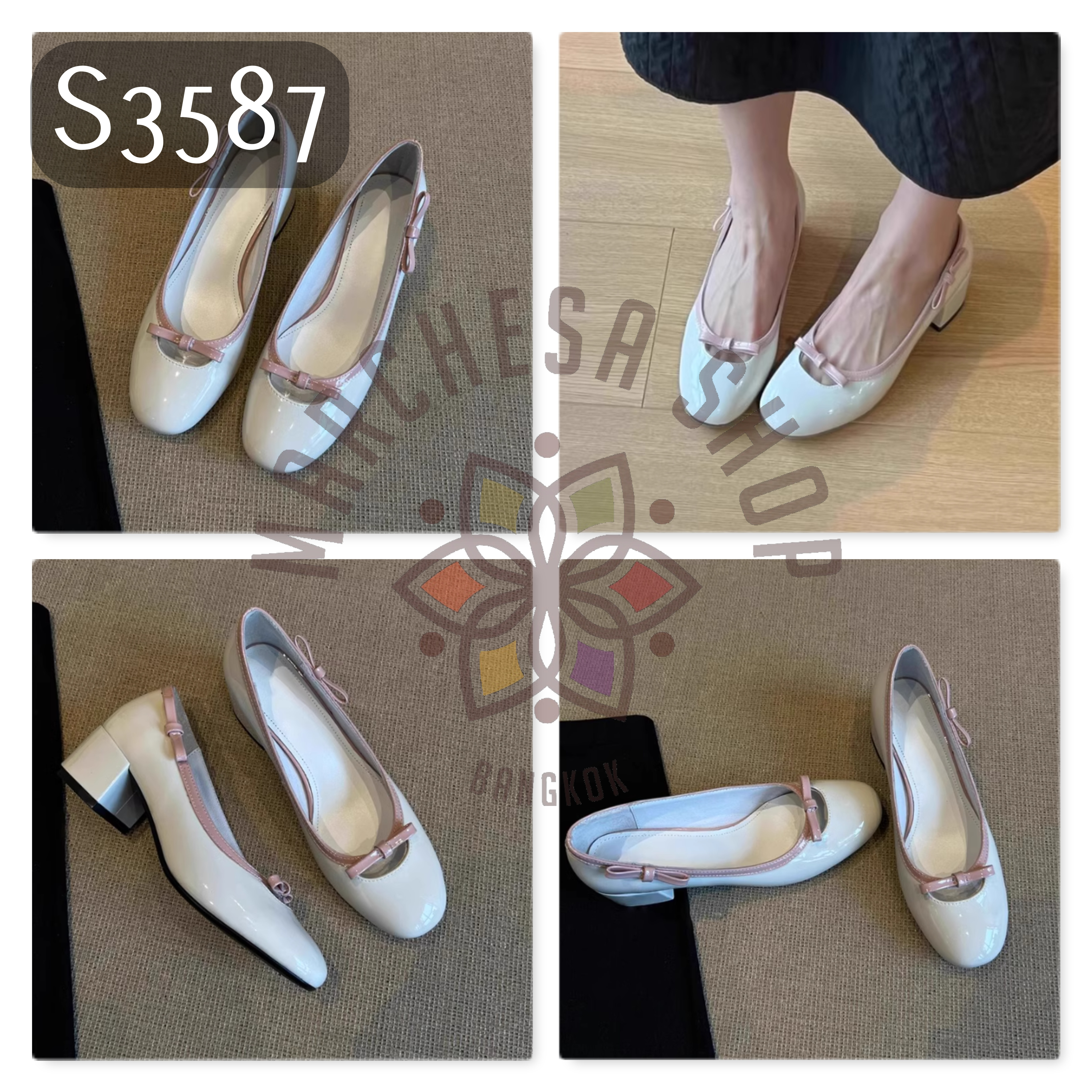 S3587 - 頭層羊漆皮拼色蝴蝶結圓頭高踭鞋