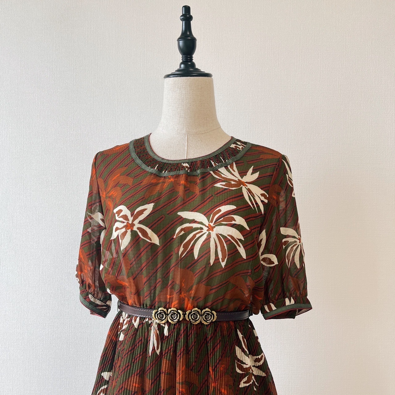 墨綠色圓領大花古著連身裙