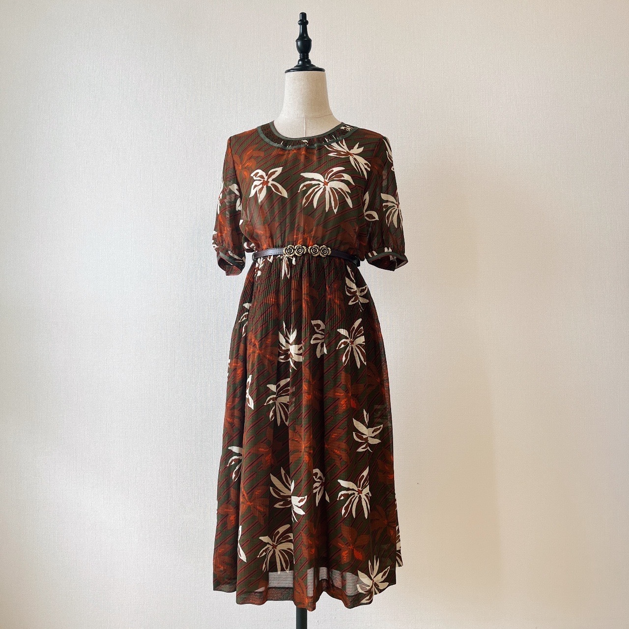 墨綠色圓領大花古著連身裙