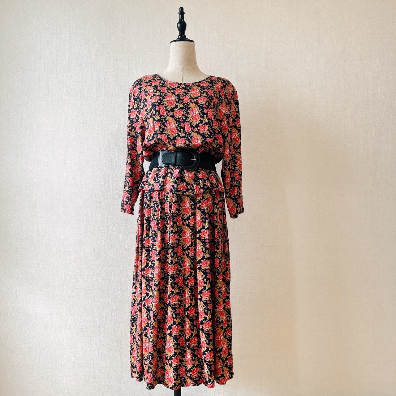 深藍色大花中袖古著連身裙