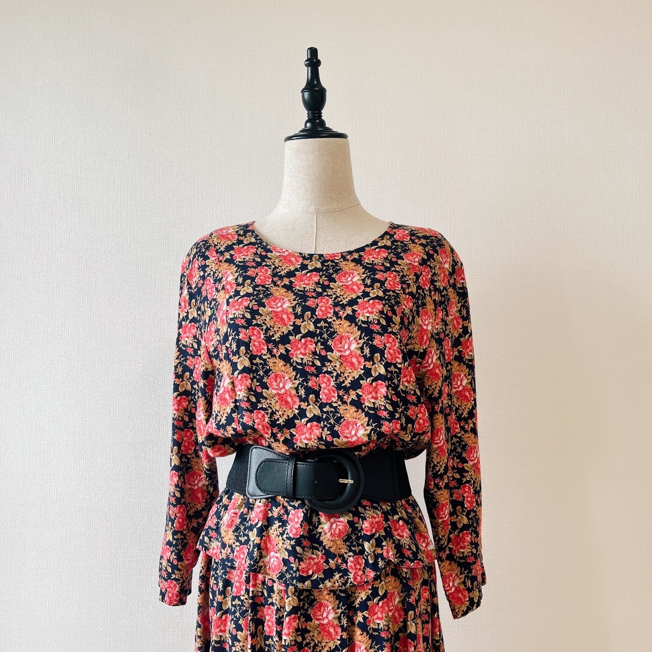 深藍色大花中袖古著連身裙