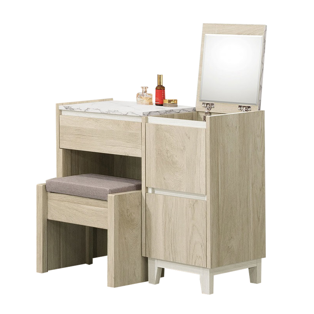 羅菲2.7尺仿石面多功能隱藏式掀蓋化妝桌/鏡台/梳妝台(附耐磨皮革收納化妝椅)