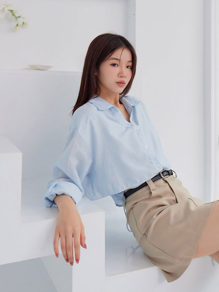 假兩件小v領綁帶短版襯衫