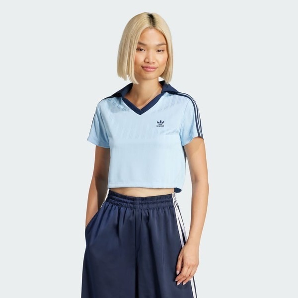 Adidas V-neck Polo JD5864 女 Polo衫 短版 運動上衣 休閒短袖 水藍 深藍 亞版