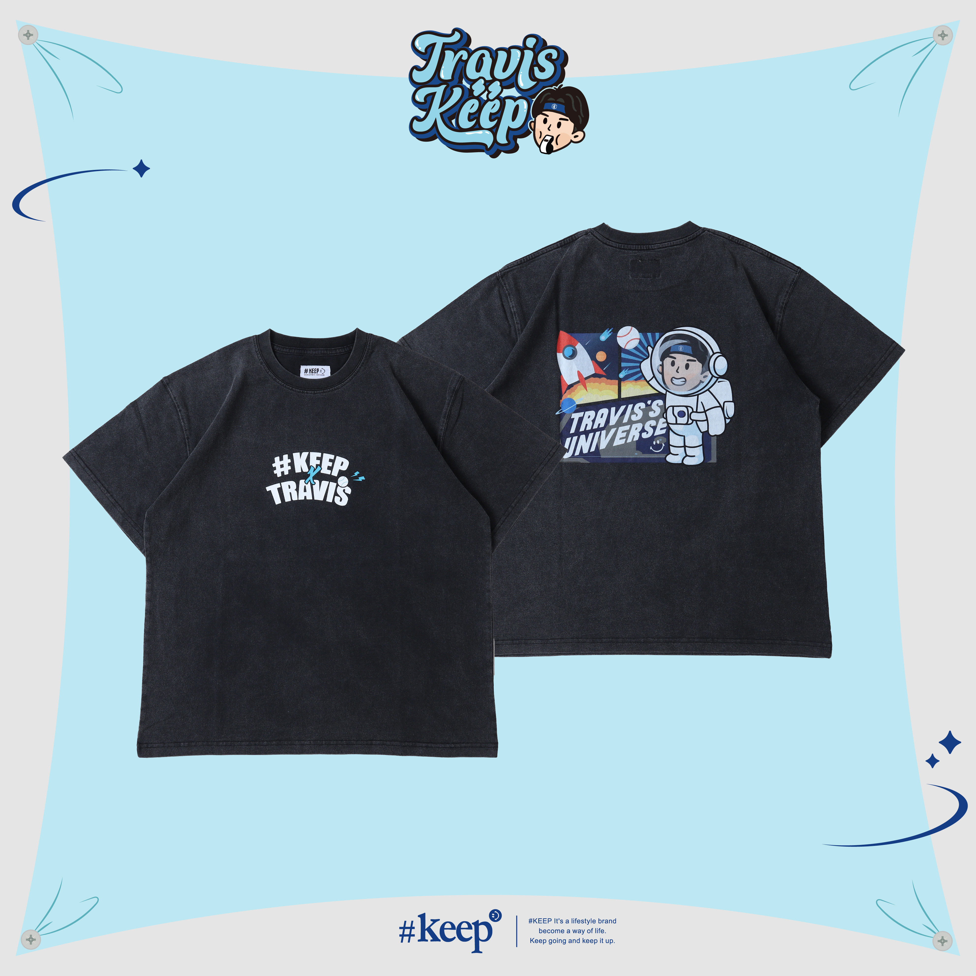#KEEP x TRAVIS 崔維斯 水洗黑色 聯名 火箭 Q版頭像 宇宙崔 水洗黑厚磅TEE【KS297-BK】