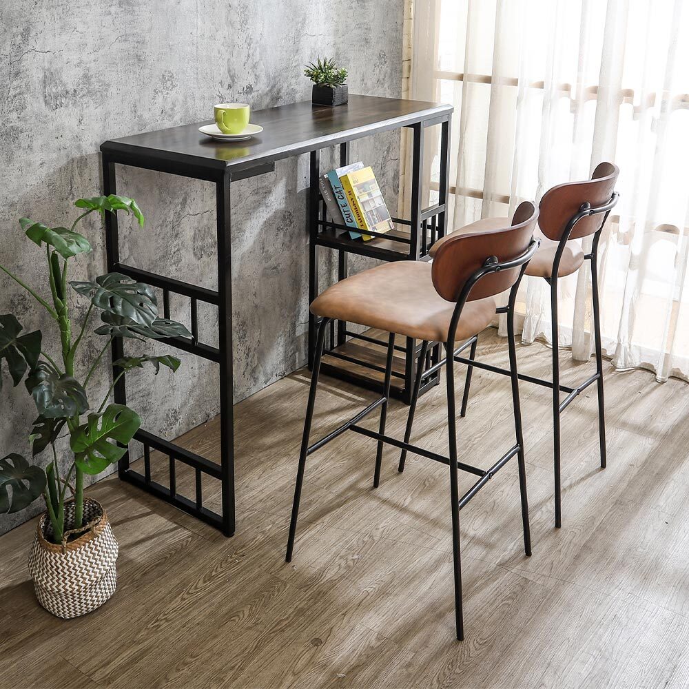 布洛4尺工業風開放式收納架實木吧台桌椅組合/休閒高腳桌椅(一桌二椅)