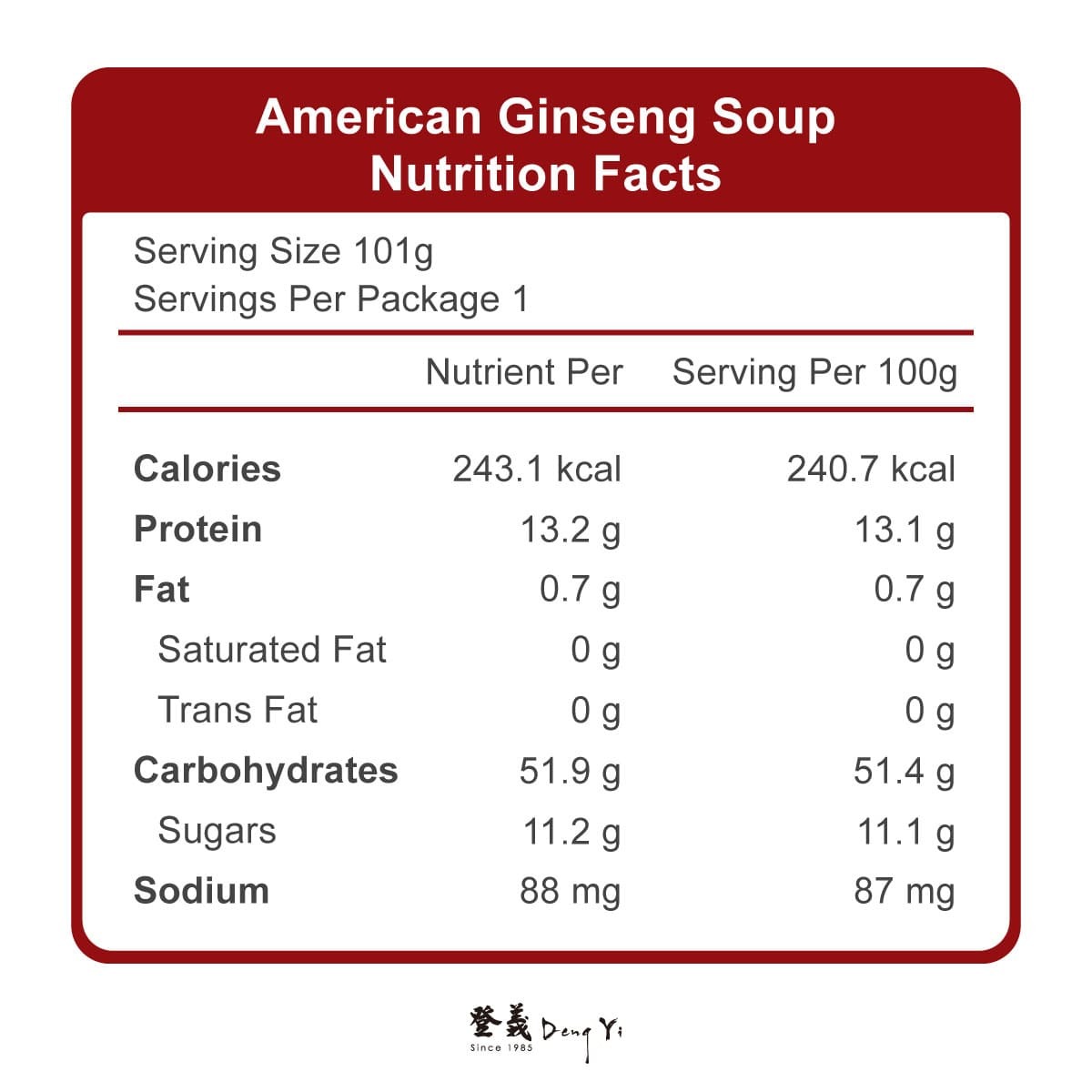 登義粉光參雞湯營養標示