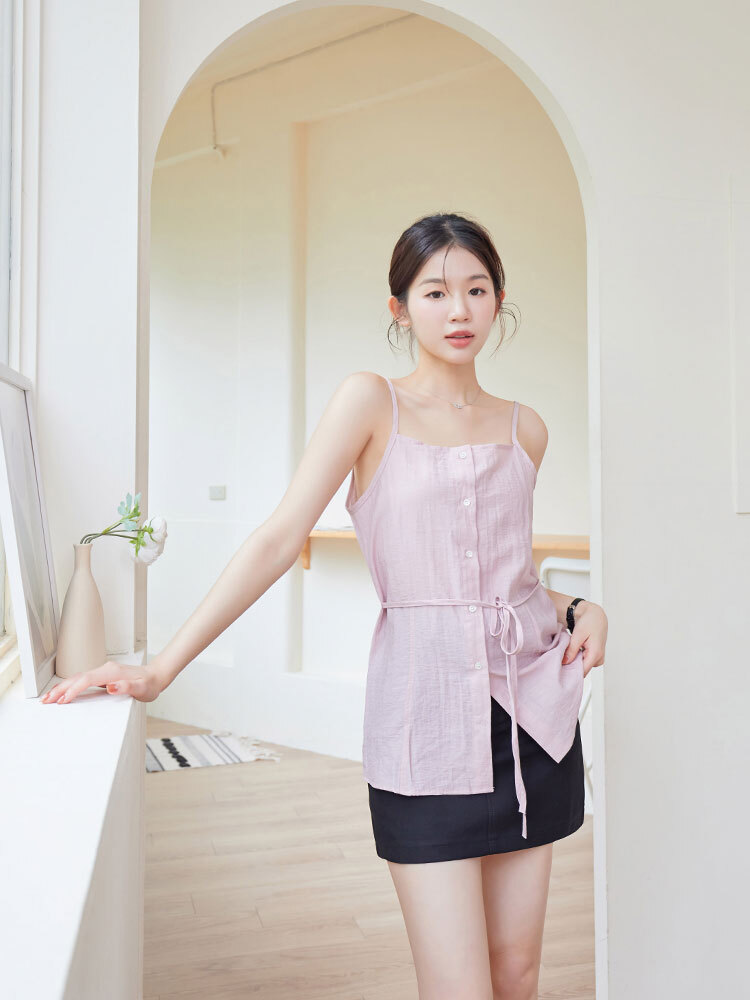 OH ！HER 棉麻短版襯衫搭綁帶背心二件組