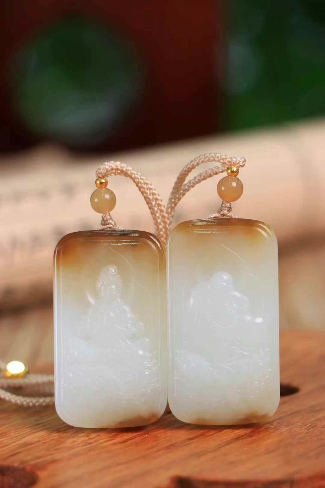 62714 和田玉糖白一對觀音+笑佛