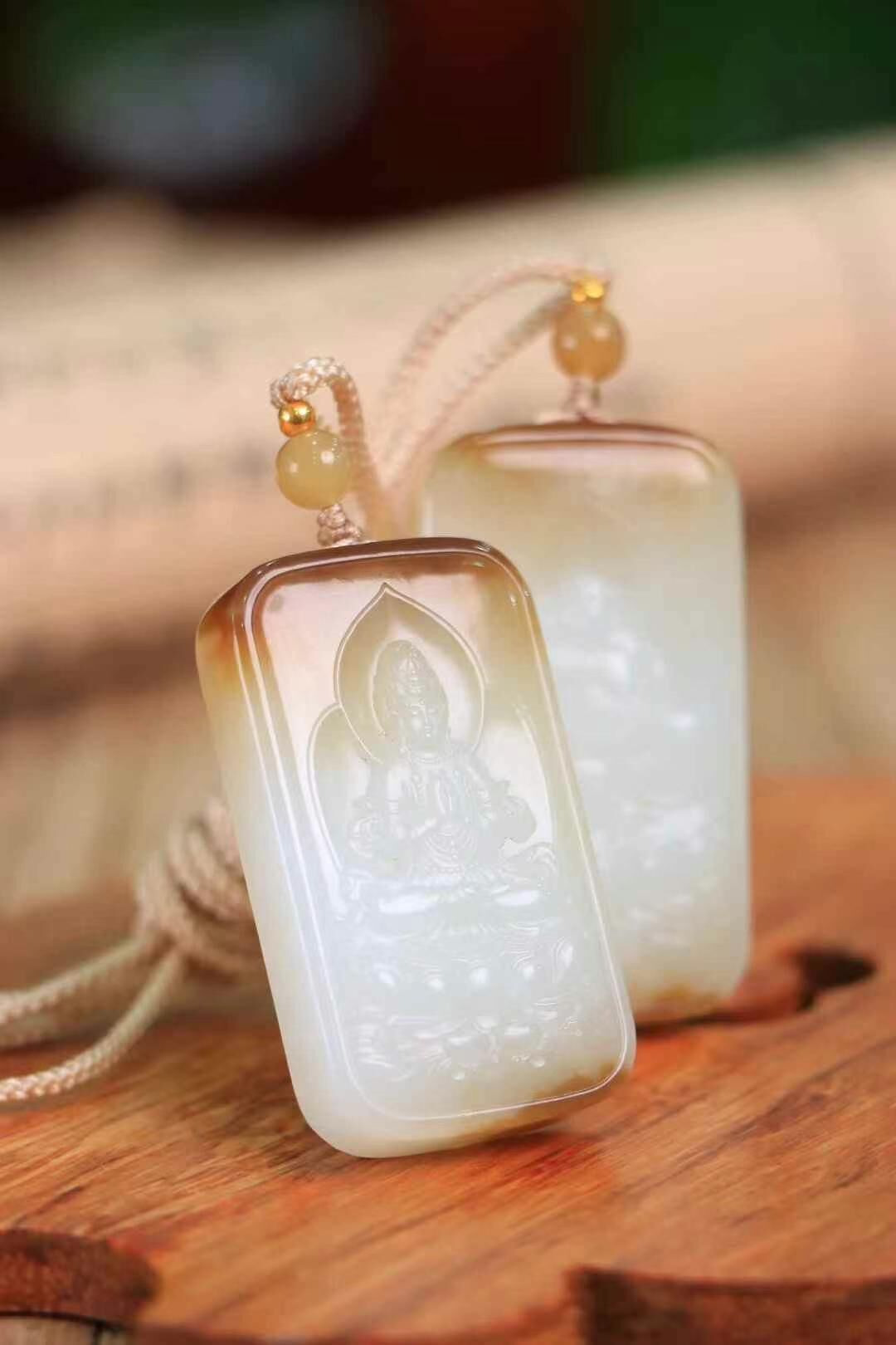 62714 和田玉糖白一對觀音+笑佛