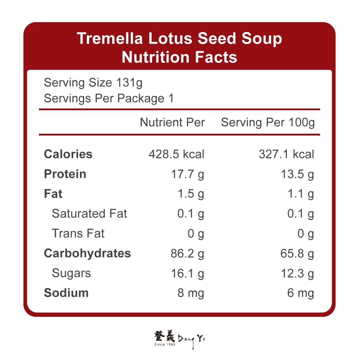 登義銀耳蓮子湯營養標示
