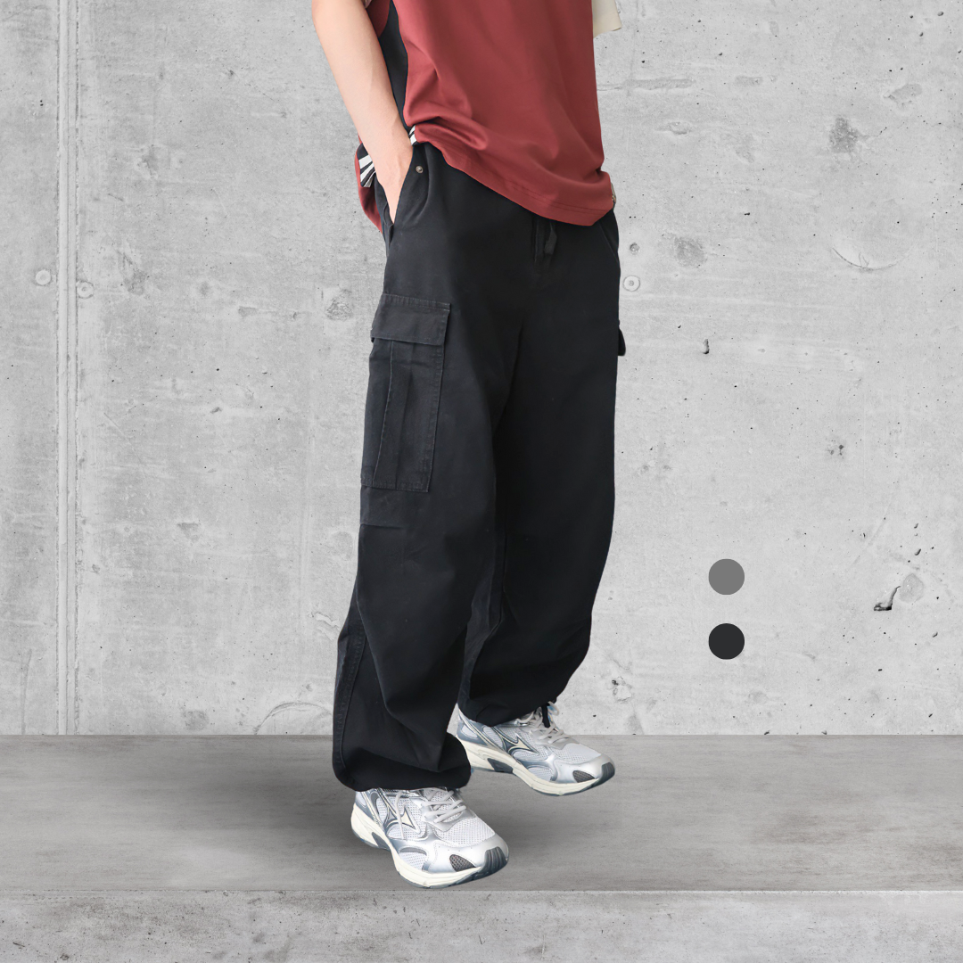 （現貨）WP057 復古 膝摺痕 下擺抽繩 直筒闊腿 工裝長褲